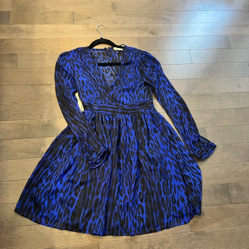 Michael Kors Blue and Black Fit and Flare Dress with Bishop Sleeves